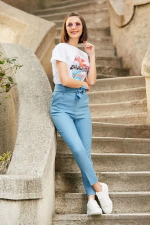 Women’s Light Blue Belted High Waist Trousers