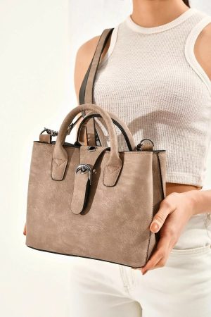 Women’s Light Gray Suede Lock Detail Shoulder Bag