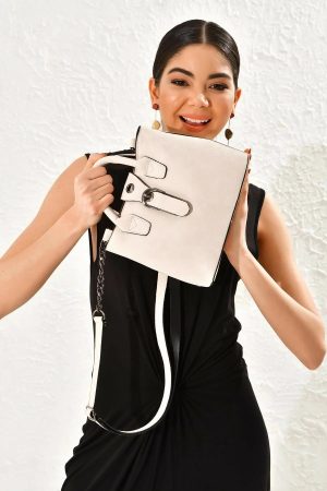 Women’s Cream Suede Lock Detail Shoulder Bag
