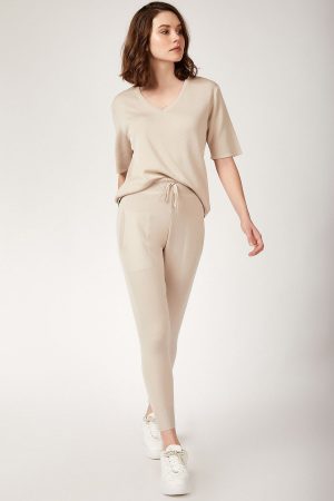 Women Cream Knitwear Bottom-Top Set