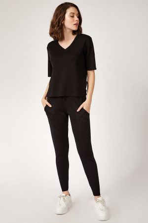 Women Black Knitwear Bottom-Top Set