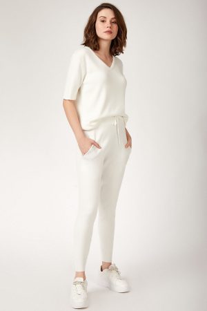 Women White Knitwear Bottom-Top Set