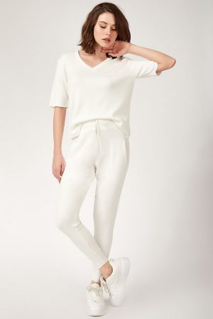 Women White Knitwear Bottom-Top Set