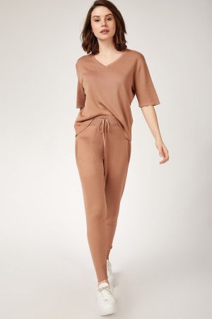 Women Brown Knitwear Bottom-Top Set