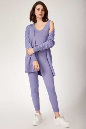Women’s Purple Cardigan Undershirt Pants Set