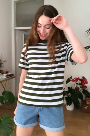 Women’s Green Stand Collar Basic Knitted T-Shirt