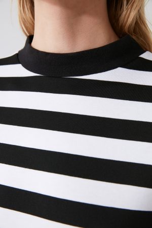 Women’s Black and White Striped Stand Collar T-shirt