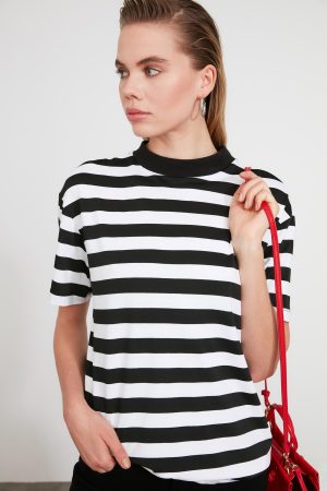 Women’s Black and White Striped Stand Collar T-shirt
