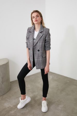 Women’s Gray Checkered Blazer Jacket