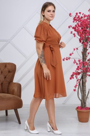Women’s Light Brown Tie Detailed Plus Size Dress