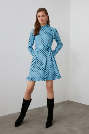 Women’s Blue Belted Polka Dot Dress