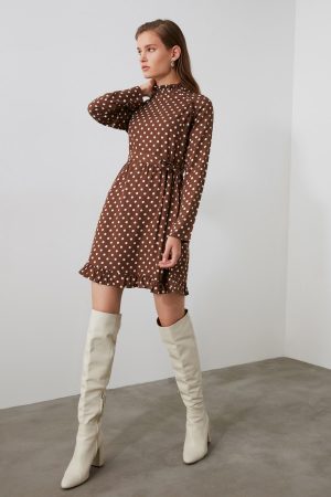 Women’s Brown Belted Polka Dot Dress