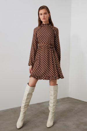 Women’s Brown Belted Polka Dot Dress