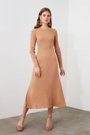 Women’s Beige Crew Neck Knitwear Dress