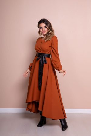 Women’s Light Brown Black Leather Belt Dress