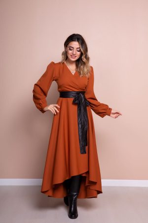 Women’s Light Brown Black Leather Belt Dress
