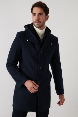 Men’s Dark Blue Cotton Hooded Cachet Coat
