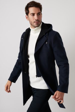 Men’s Dark Blue Cotton Hooded Cachet Coat