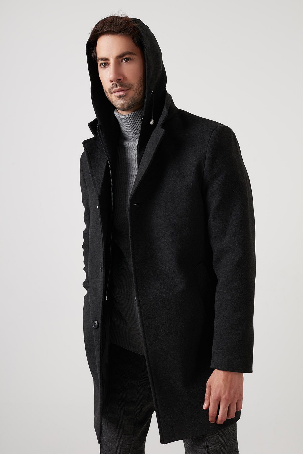 Men's Dark Gray Cotton Hooded Cachet Coat - Beren Store