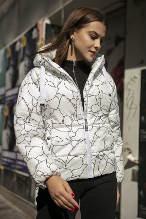Women’s White Patterned Hooded Down Jacket