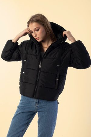 Women’s Black Hooded Zipper Jacket
