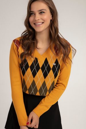 Women’s Yellow Patterned Knitwear Sweater