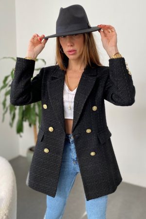 Women’s Gold Button Double Breasted Black Jacket