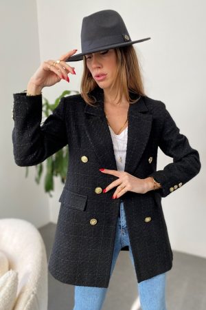 Women’s Gold Button Double Breasted Black Jacket