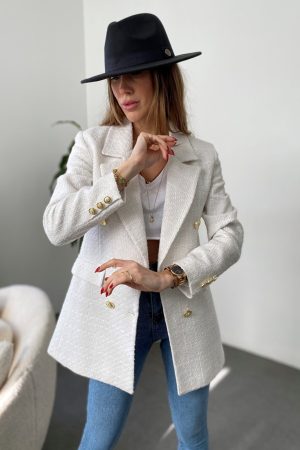 Women’s Gold Button Double Breasted White Jacket