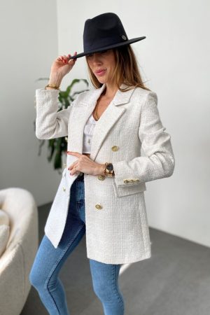Women’s Gold Button Double Breasted White Jacket