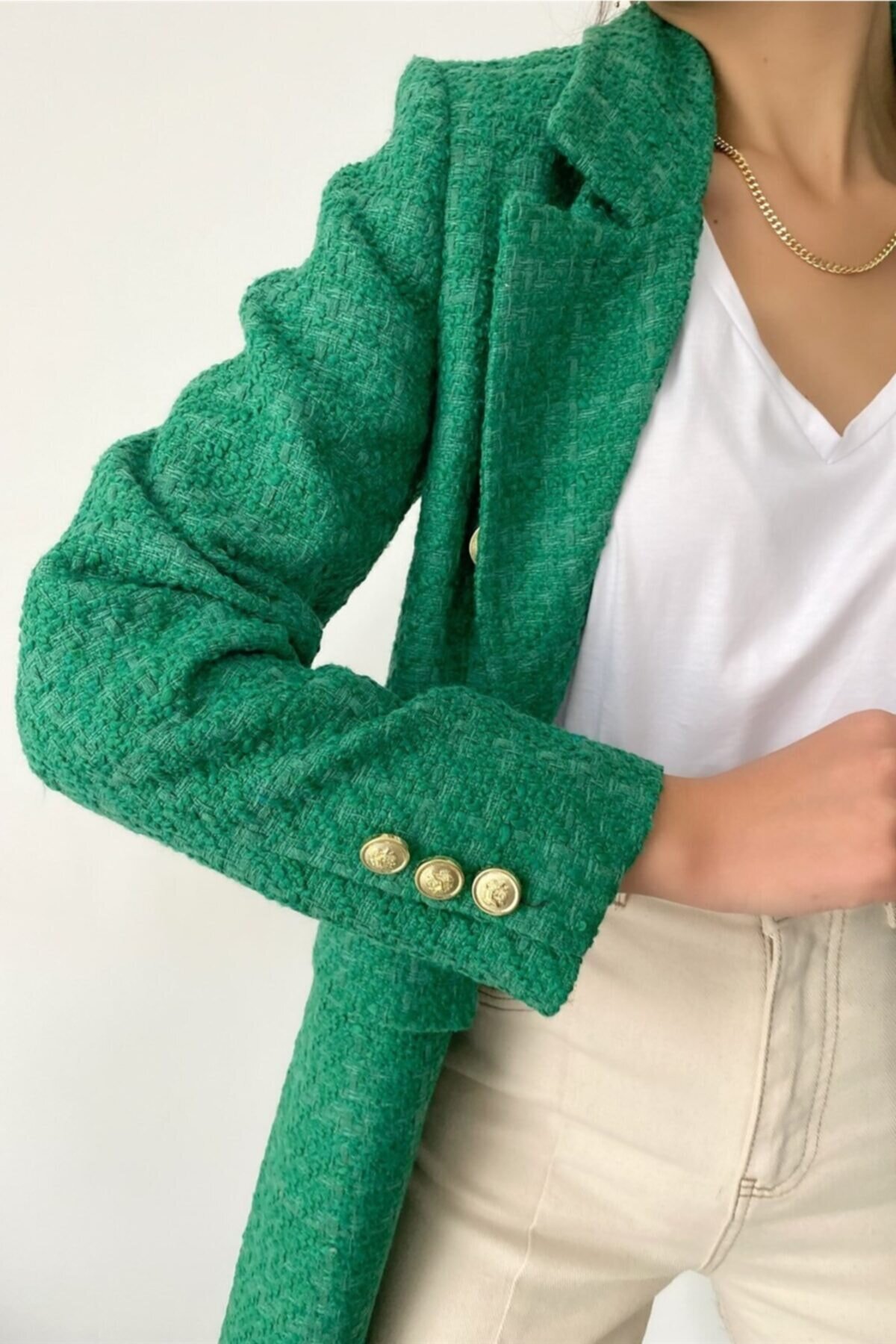 Women s Gold Button Double Breasted Green Jacket BEREN