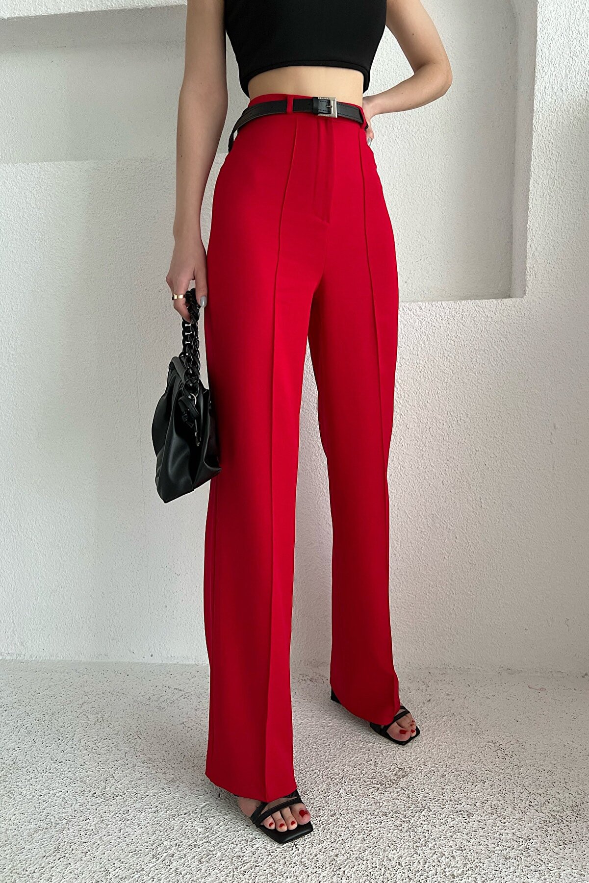 Women's Front Stitch Detail Wide Leg Red Trousers - BEREN