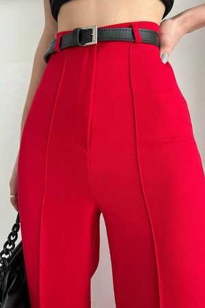 Women’s Front Stitch Detail Wide Leg Red Trousers