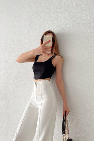 Women’s Front Stitch Detail Wide Leg White Trousers