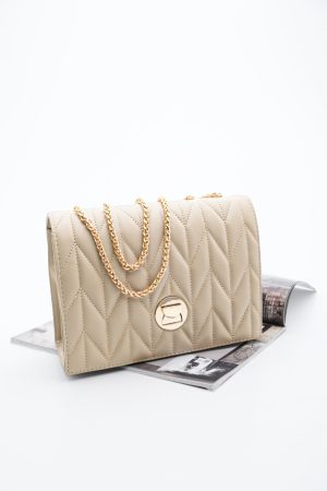 Women’s Gold Color Chain Beige Shoulder Bag