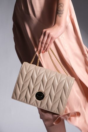 Women’s Gold Color Chain Beige Shoulder Bag