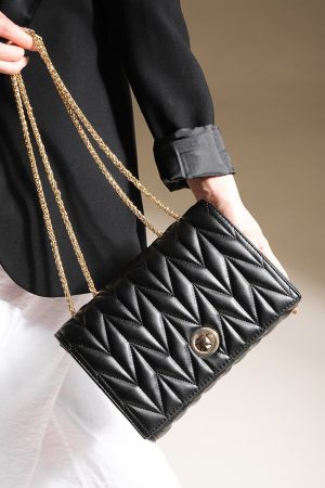 Women’s Gold Color Chain Black Shoulder Bag
