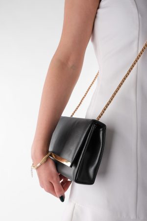 Women’s Gold Color Chain Hand Shoulder Black Bag